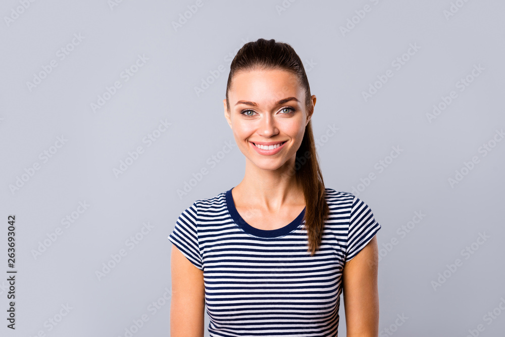 Close up photo beautiful amazing she her lady show perfect ideal teeth sincere kind self-confident easy-going listening great good news wear blue white striped t-shirt isolated grey background Close up photo beautiful amazing she her lady show perfect ideal teeth sincere kind self-confident easy-going listening great good news wear blue white striped t-shirt isolated grey background