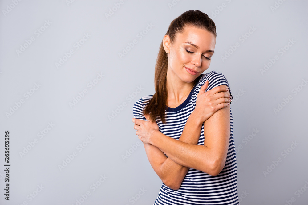 Close up photo beautiful amazing she her lady ideal overjoyed look eyes closed hold self herself hands arms purity skin skincare shoulders wear blue white striped t-shirt isolated grey background Close up photo beautiful amazing she her lady ideal overjoyed look eyes closed hold self herself hands arms purity skin skincare shoulders wear blue white striped t-shirt isolated grey background