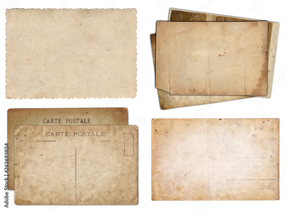 Set of various Old papers and postcards with scratches and stains texture isolated