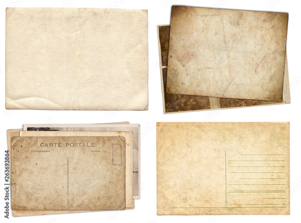 Naklejka premium Set of various Old papers and postcards with scratches and stains texture isolated