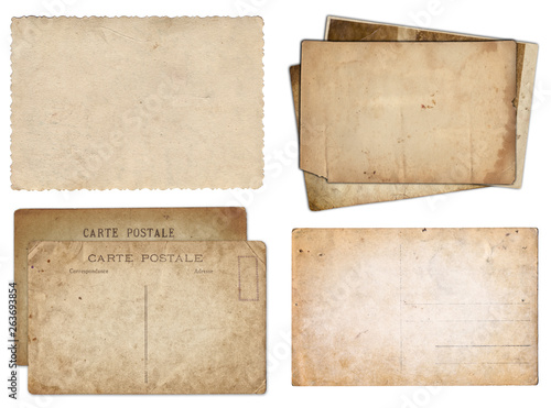 Set of various Old papers and postcards with scratches and stains texture isolated