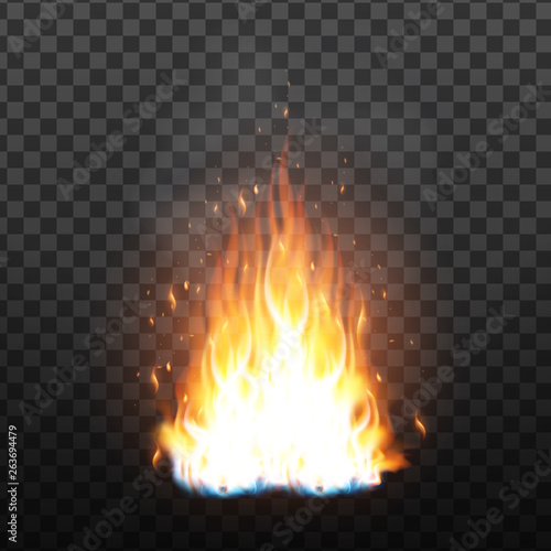 Realistic Campfire Flame With Sparks Effect Vector. Bright Campfire With Sparks And Smoke Effect. Fiery Heat Brush Colorful Animation Image On Transparency Grid Background. 3d Illustration