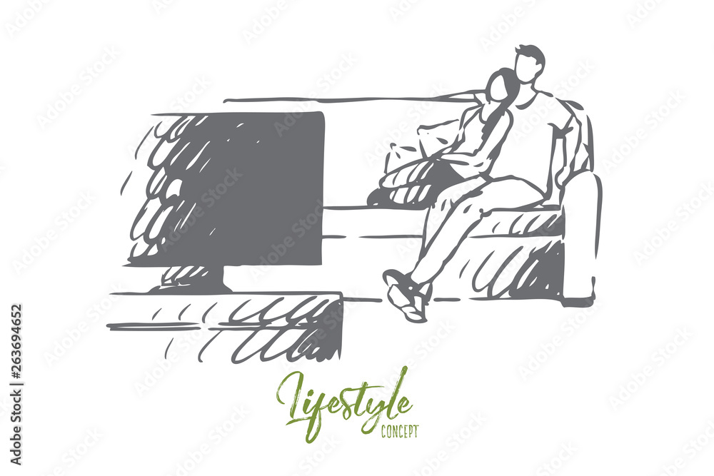 Home, cinema, couple, movie, relax concept. Hand drawn isolated vector.