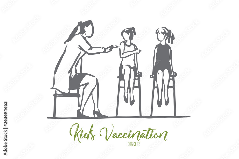 Children, girl, doctor, vaccine, health, clinic concept. Hand drawn isolated vector.