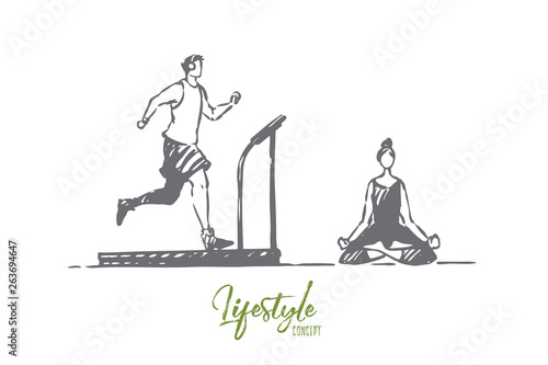 Gym, yoga, sport, exercise, health concept. Hand drawn isolated vector.