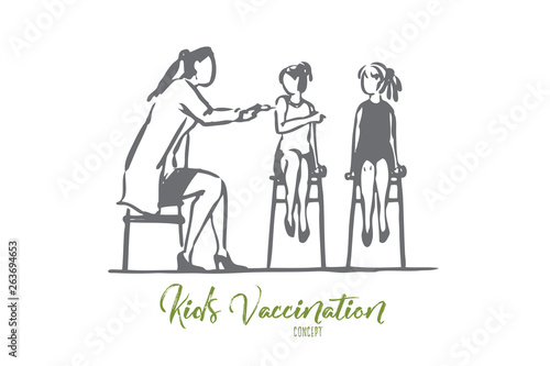 Children  girl  doctor  vaccine  health  clinic concept. Hand drawn isolated vector.