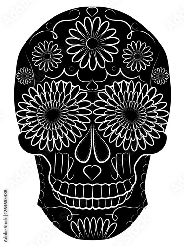 illustration, book, cover, magazine, print, vector, design, object, isolated, black, white, image, skull, symbol, idol, death, worship, culture, religion, traditional, folklore, Latin American, Mexica