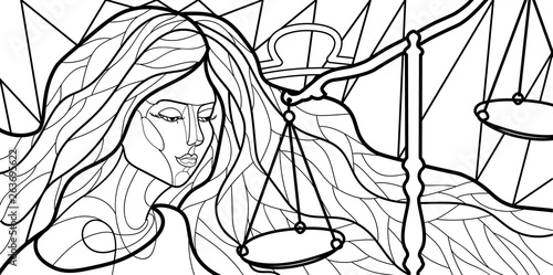 black and white illustration of a girl symbolizing the zodiac sign in the style of stained Glass