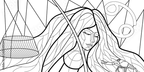 black and white illustration of a girl symbolizing the zodiac sign in the style of stained Glass