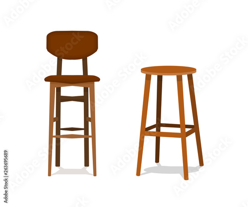 Vector two ocher, brown wooden bar stools with leather seats front view isolated on white background
