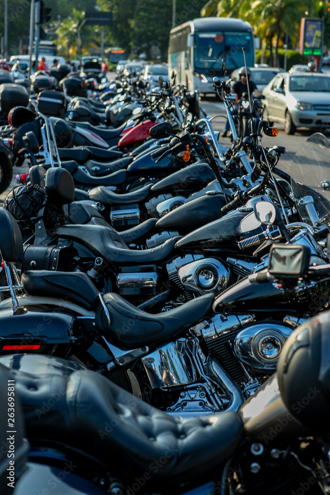 Fototapeta premium Powerful and beautiful motorcycles. Motorcycles and accessories in modern motorcycle custom store. Biker stuff. 