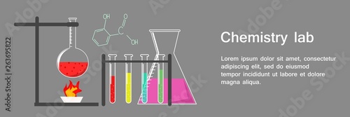 Banner Chemistry Lab with Text and Flasks and Beakers Full of Different Substance, Test Laboratory, Chemical Formula Education on Dark Grey Background Vector Illustration