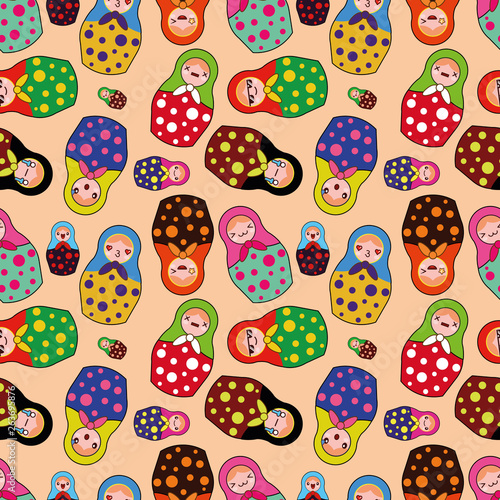 Vector seamless pattern with cute matryoshka, traditional Russian doll. Russian nesting doll, babushka doll. Matreshka vector illustration.