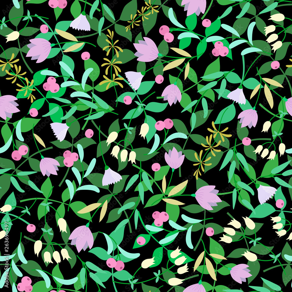 flowers,green leaves on the black background.Summer floral vector