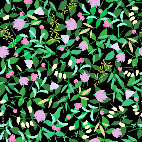 flowers,green leaves on the black background.Summer floral vector