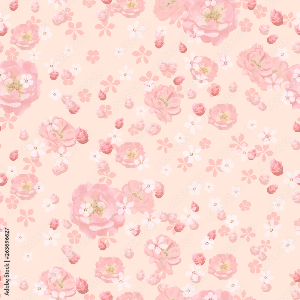 Beautiful floral vector seamless pattern. Pink roses and small white flowers on coral background. Template for textile, wallpaper, print, carton, banner, ceramic tile, card.