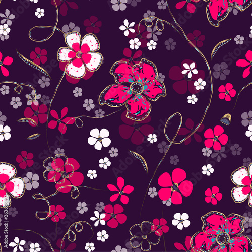 Jewelry and floral vector seamless pattern. Abstract white and bright pink flowers and gold chains with diamonds on dark purple background.