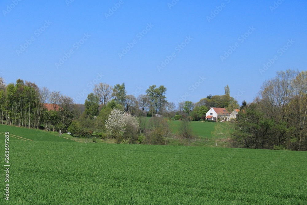 House in the countryside with a red roof under blue sky