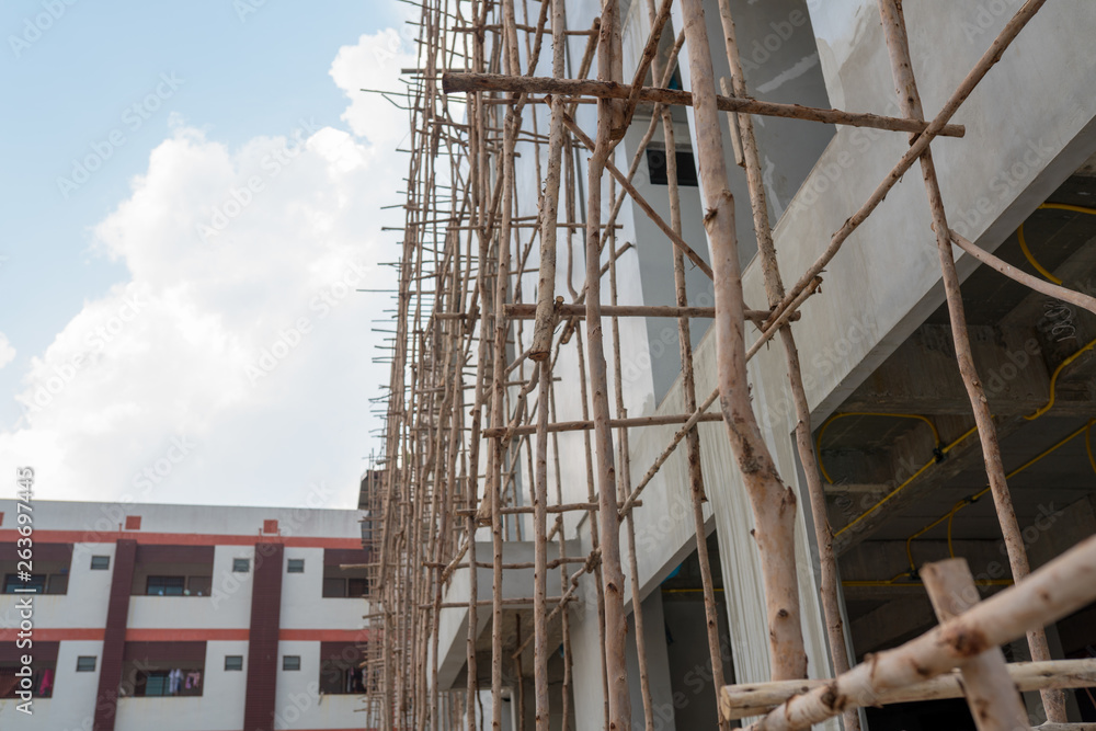 Wooden scaffolding in building construction