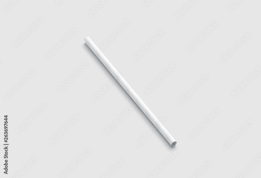 Blank white paper straw mockup isolated, side view, 3d rendering. Clear drink pipe mock up lies. Empty eco party tube for cocktails. Disposable recycling tubule for milk shake.