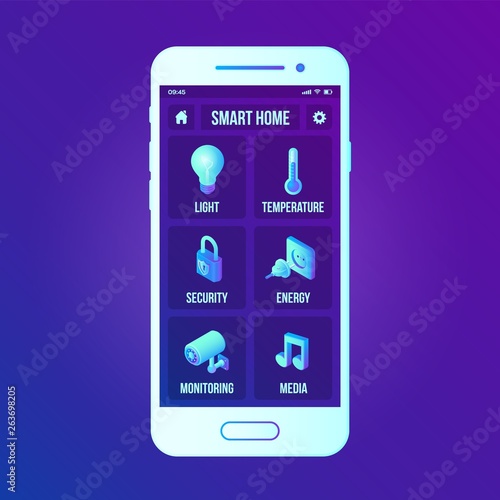 Smart home technology interface on smartphone app screen. Remote home control system on smartphone. User interface of smart home concept. Home network. Internet of things, IOT. Vector illustration.