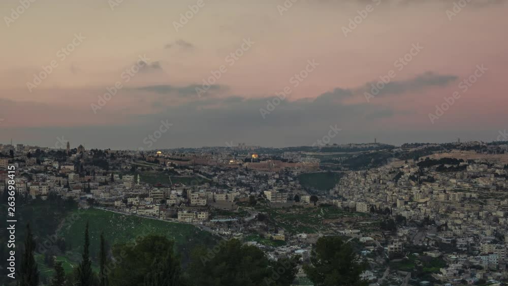 Beautiful Panoramic view of Jerusalem at evening dusk time. Israel, Timelapse. Beautiful Panoramic view of Jerusalem at evening dusk time. Israel, Timelapse.