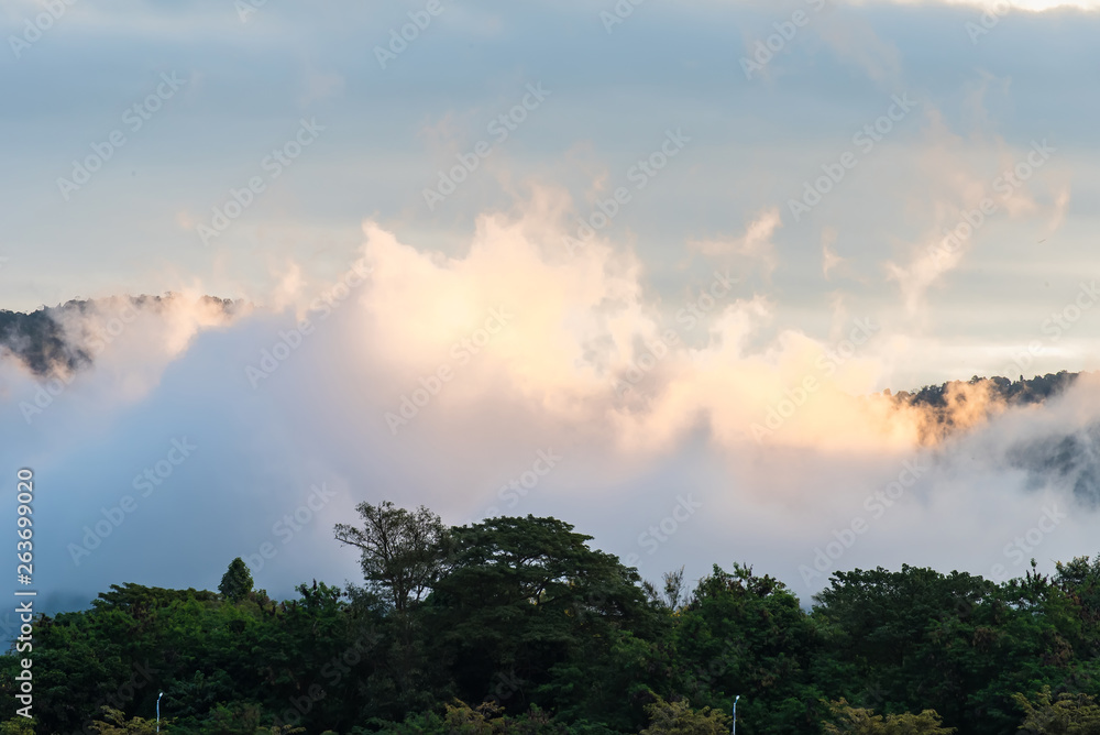 In the morning, the sun rises on the banks of the Mekong River in the Golden Triangle, Chiang Rai, Thailand.