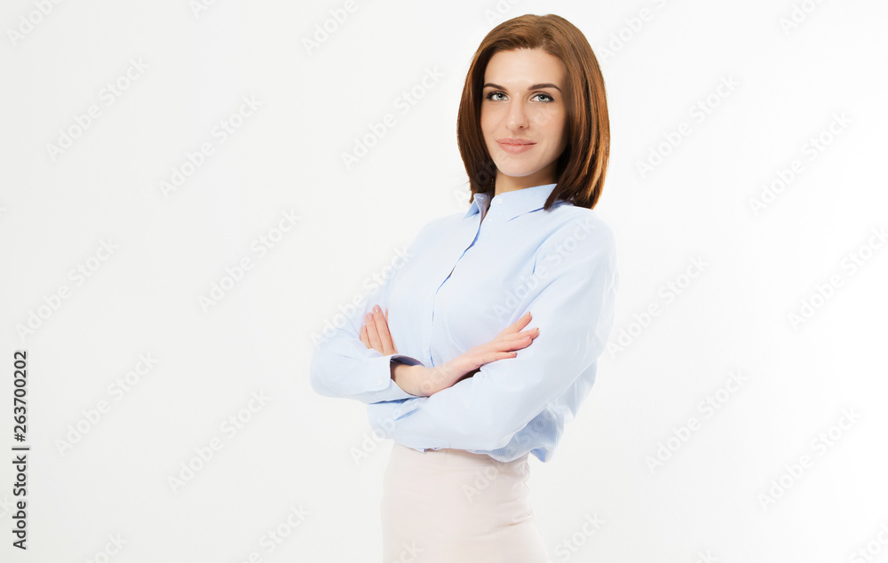 Confident young manager on white background - Business woman portrait . Crossed arms . Confident young manager on white background - Business woman portrait . Crossed arms .