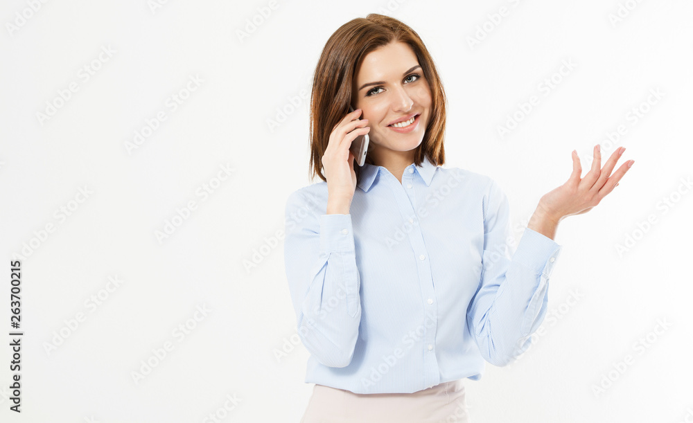 Close up Young Office Brunette Woman Talking to Someone on her Mobile Phone While Looking Into the Camera with Happy Facial Expression. Close up Young Office Brunette Woman Talking to Someone on her Mobile Phone While Looking Into the Camera with Happy Facial Expression.