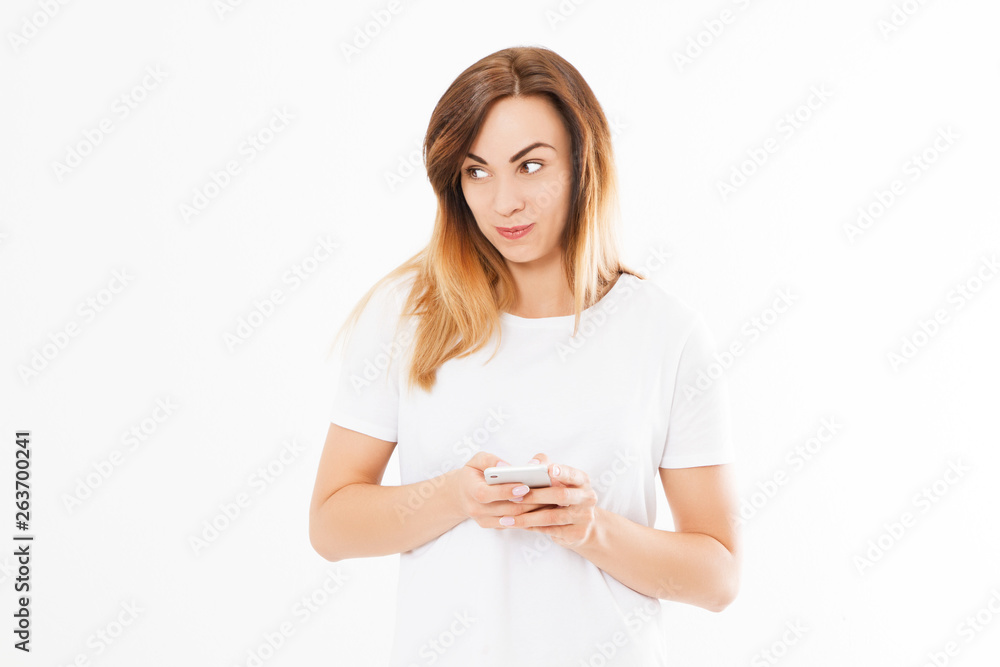 Portrait of a thoughtful young asian woman holding mobile phone and Portrait of a thoughtful young asian woman holding mobile phone and