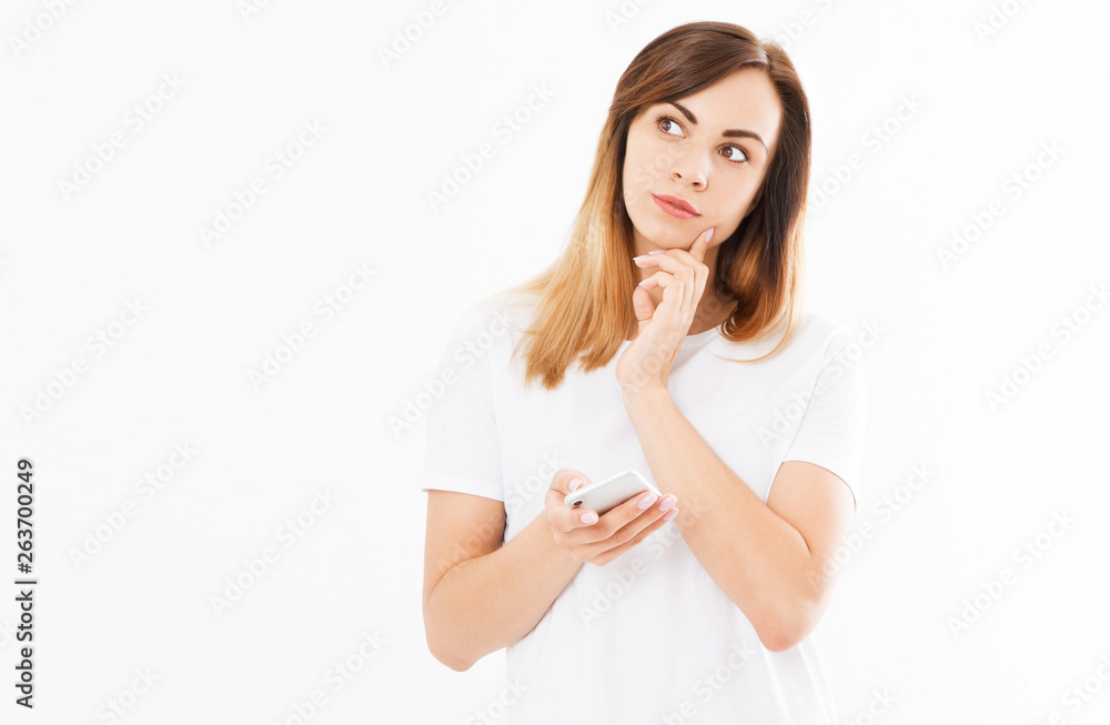 Caucasian hispanic happy casual woman using a smart phone isolated on a white background Caucasian hispanic happy casual woman using a smart phone isolated on a white background