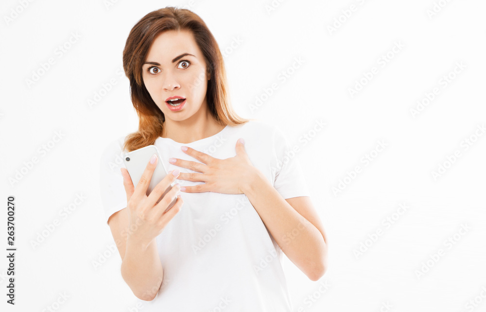 Portrait of a happy young emotional woman using mobile phone isolated over white background. Cheerful excited girl with mobile phone isolated on white background. Portrait of a happy young emotional woman using mobile phone isolated over white background. Cheerful excited girl with mobile phone isolated on white background.