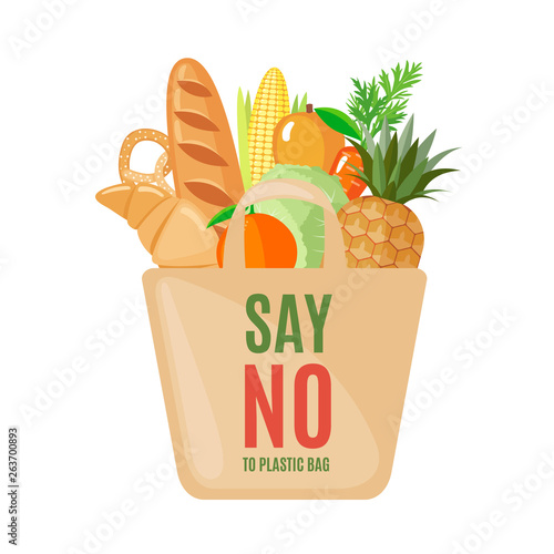 Eco Bag icon with products in flat style.
