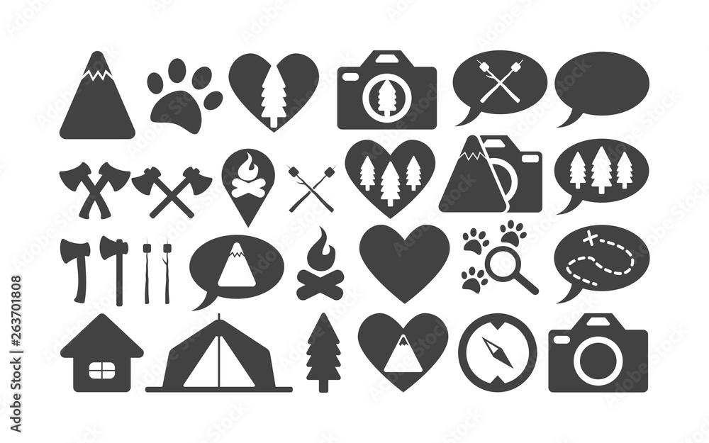 Flat icon collection camping and wild life. Adventure with family. Animals and wood. Mountains and capm fire. Icon for mobile phone and web. Flat icon collection camping and wild life. Adventure with family. Animals and wood. Mountains and capm fire. Icon for mobile phone and web.