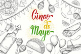 Cinco de Mayo Festive background with  hand drawn symbols - chili pepper, maracas, sombrero, nachos, tacos, burritos, tequila, balloons isolated on white. Hand made lettering.