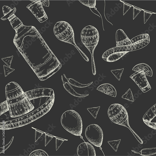 Cinco de Mayo seamless pattern with doodle Hand drawn Mexican symbols- chili pepper, maracas, sombrero, nachos, tequila, balloons, flag garland. Sketch. For wallpaper, web page background