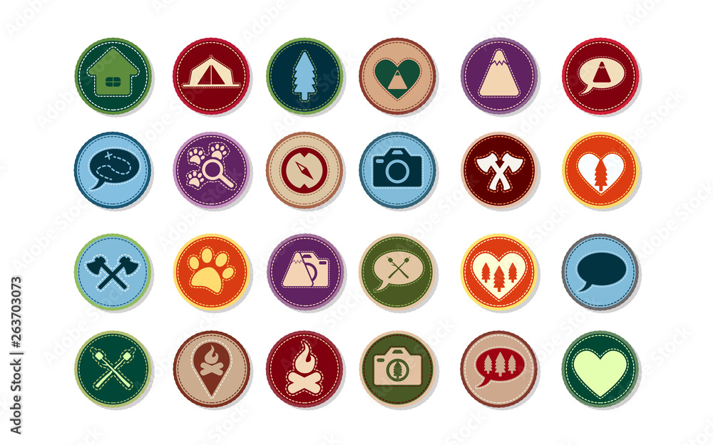 Flat icon collection camping and wild life. Adventure with family. Animals and wood. Mountains and capm fire. Icon for mobile phone and web. Flat icon collection camping and wild life. Adventure with family. Animals and wood. Mountains and capm fire. Icon for mobile phone and web.
