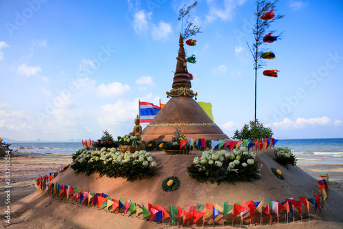 Sand pagoda to respect to Buddha of Thai people on Songkran Festival or Thai new year photo