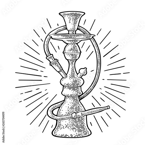 Hookah with rays. Vector vintage engraving black illustration
