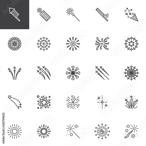 Fireworks rockets line icons set. linear style symbols collection, outline signs pack. vector graphics. Set includes icons as Firework explosion, Bursting stars, Salute Petard, Firecracker, Popper 