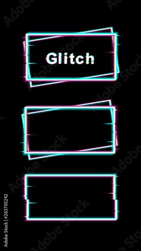  Frame in glith style. Vector drawing, imitation of interference, digital noise, problems. Set of abstract borders with clips, scratches for text on black background