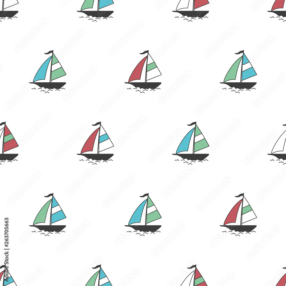 Seamless pattern with color boats. Vector illustration. Sailfish background.