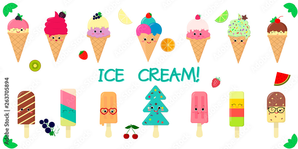 A set of fourteen cute kawaii character smile ice cream, in a waffle cup and on a stick, juicy fruits and berries on a white background and text. Flat style vector illustration