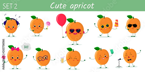 Set of ten cute kawaii ripe apricot characters in various poses and accessories in cartoon style. Vector illustration, flat design