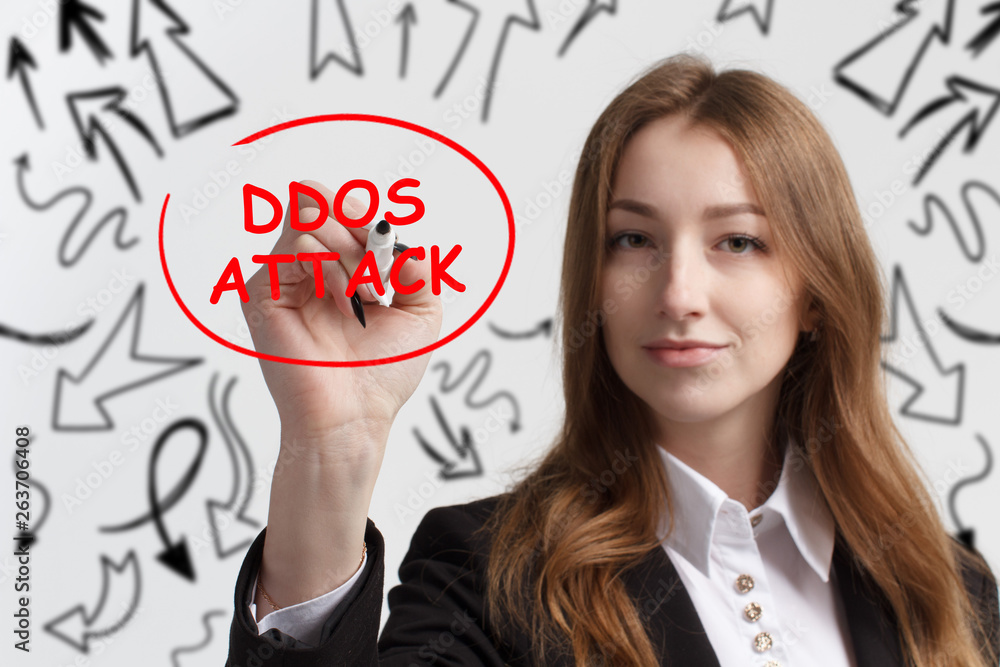 Business, technology, internet and networking concept. Young entrepreneur showing keyword: Ddos attack Business, technology, internet and networking concept. Young entrepreneur showing keyword: Ddos attack