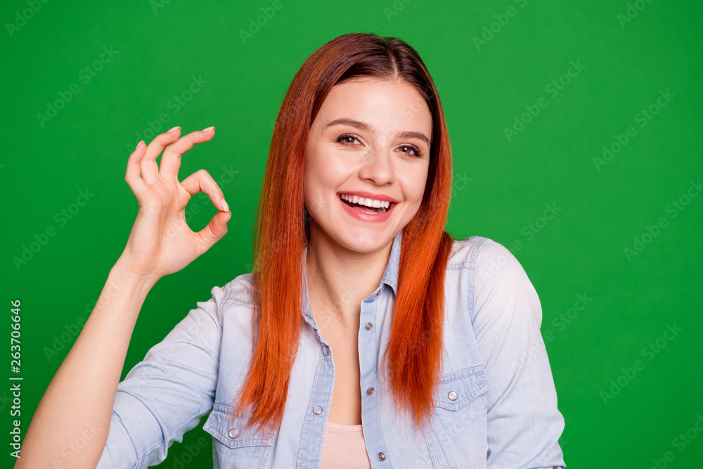 Close up photo beautiful funky she her foxy lady hold hand arm fingers okey symbol advising buy buyer best quality low little price wear casual jeans denim shirt isolated green bright background Close up photo beautiful funky she her foxy lady hold hand arm fingers okey symbol advising buy buyer best quality low little price wear casual jeans denim shirt isolated green bright background