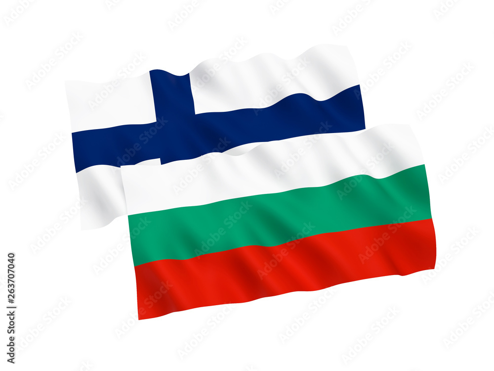 National fabric flags of Bulgaria and Finland isolated on white background. 3d rendering illustration. 1 to 2 proportion.