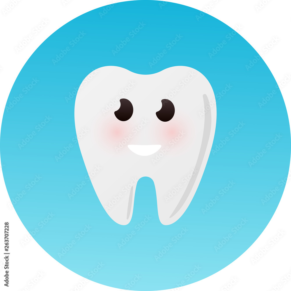 Cute healthy shiny cartoon tooth character, childrens dentistry concept vector Illustration. Happy tooth smiles on blue background Cute healthy shiny cartoon tooth character, childrens dentistry concept vector Illustration. Happy tooth smiles on blue background