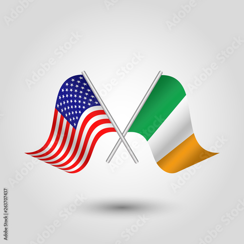 vector two crossed american and irish flags on silver sticks - symbol of united states of america and ireland