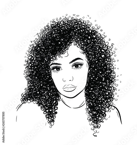 Curly beauty girl illustration isolated on clear background. Double buns with long hair. Hand draw idea for business cards, templates, web, brochure, posters, postcards, salon